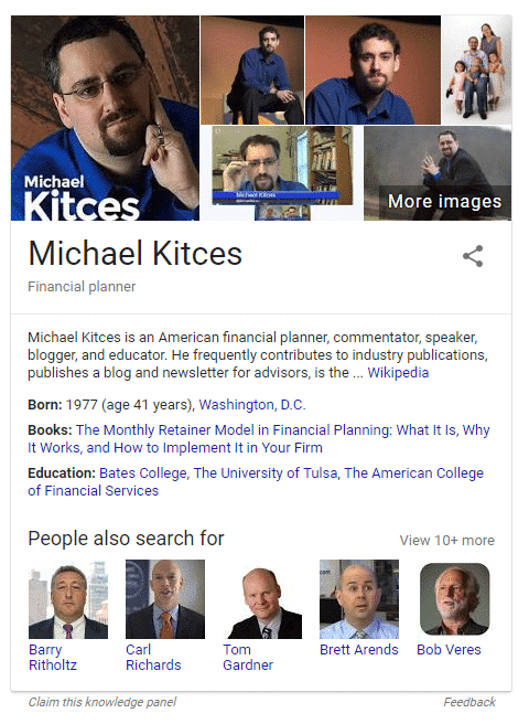 Google Knowledge Graph for Financial Advisor "Michael Kitces"