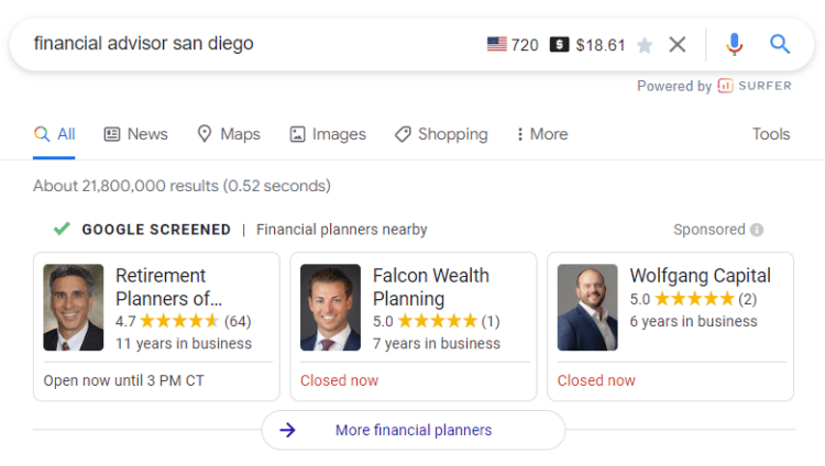 Google Screened for Financial Advisors
