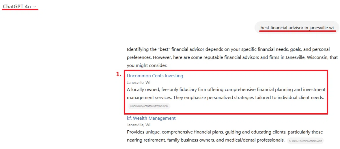 A.I. search optimization for financial advisors