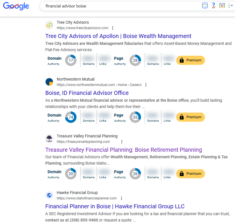 Local organic search results for financial advisor